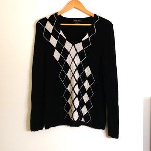 L+T 100% Cashmere V Neck Pullover Sweater Black & Cream Argyle Pattern Size L